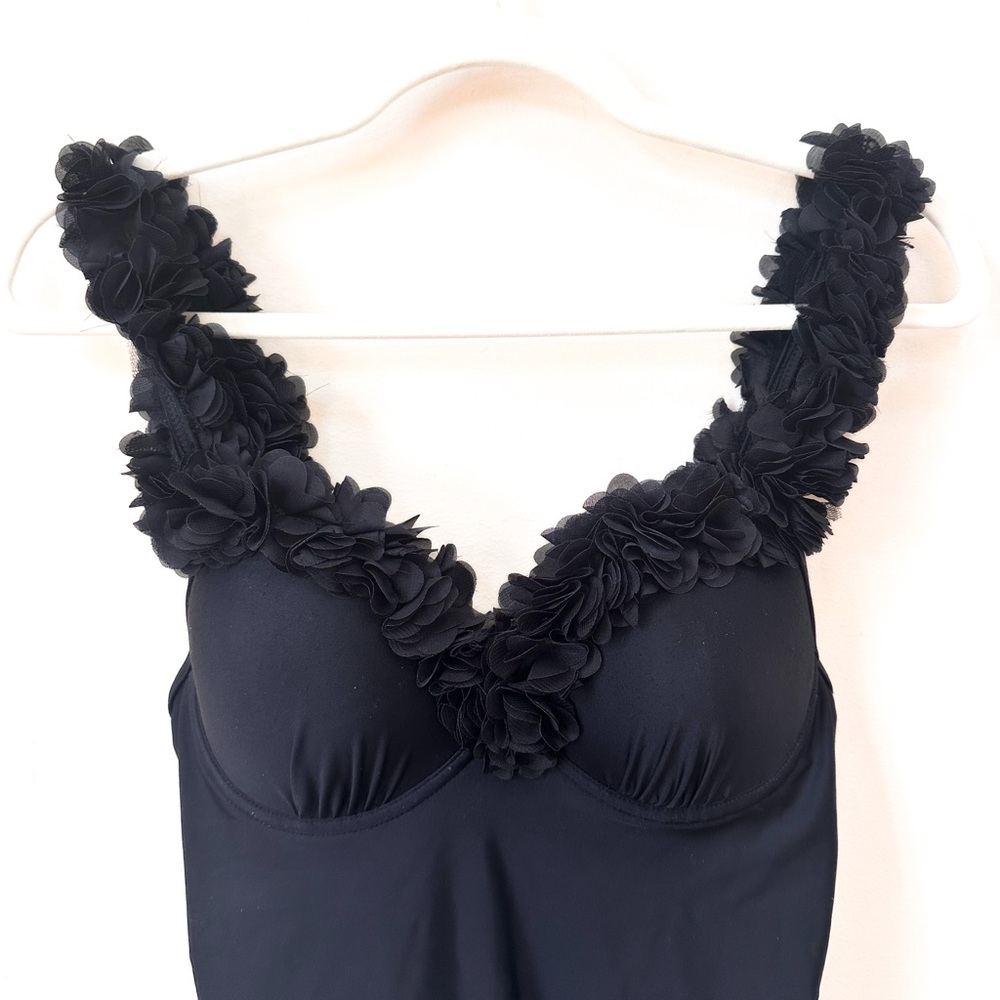 Chicwish Swimsuit One Piece 3D Flower Straps And Neckline Padded Cups Black - Picture 2 of 9